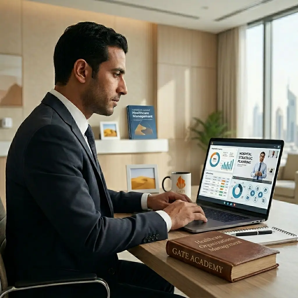  Healthcare manager analyzing hospital performance data on digital dashboard 